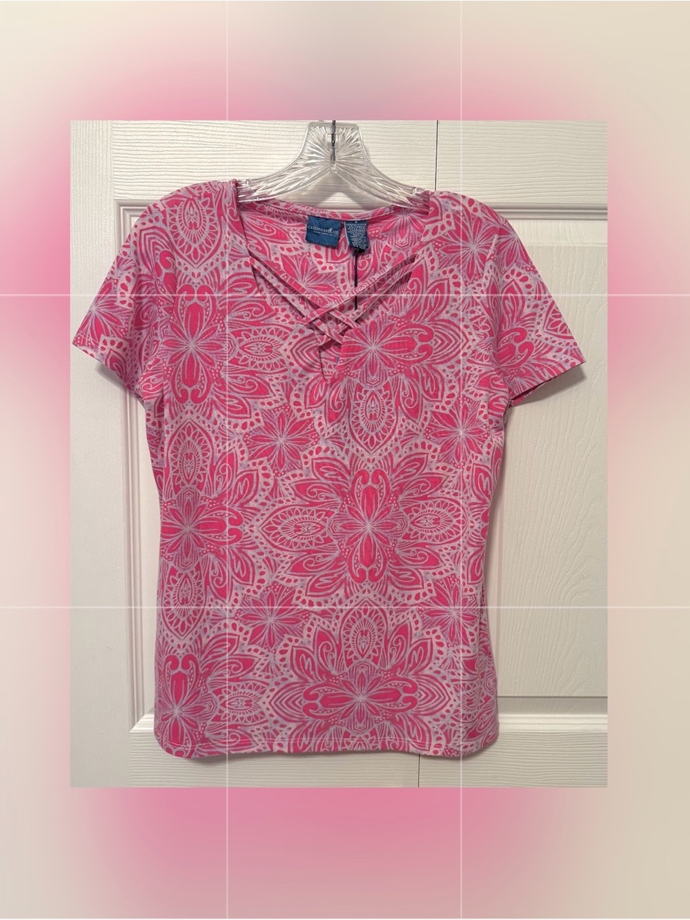Caribbean Joe Pink White Celestial/Floral VACATION STATE MIND Stretch Top~S~NWT